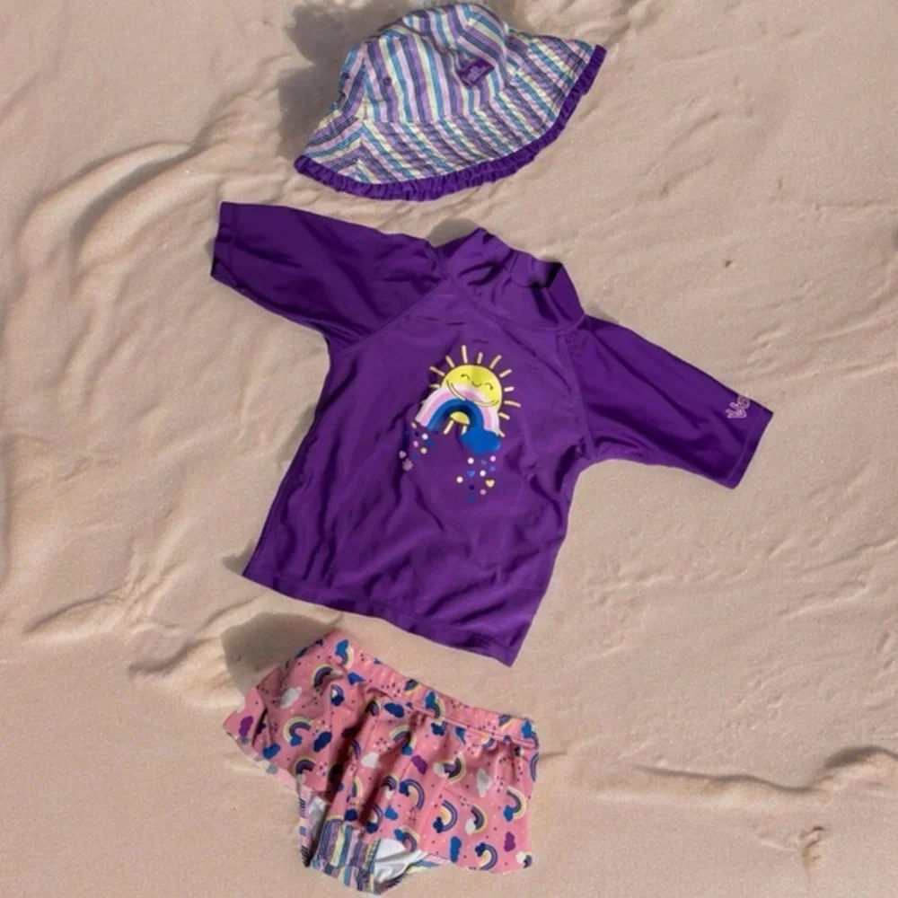 UV Skinz UPF 50+ Rashguard Set Girls Purple with Bucket Hat 4T